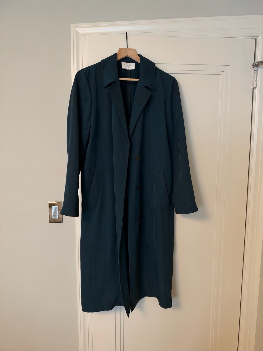 Sandro Dark Teal Single-Breasted Trench Coat